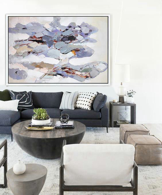 Handmade Extra Large Contemporary Painting,Oversized Horizontal Contemporary Art,Abstract Painting Modern Art,White,Grey,Pink,Blue,Yellow.etc